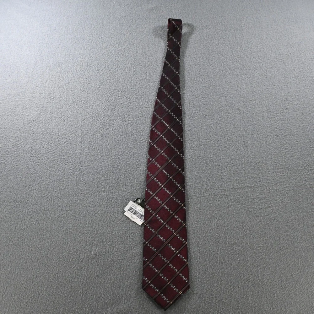 Daniel De Fasson Mens Silk Geometric Wavy Stripe Necktie OS Burgundy Silver